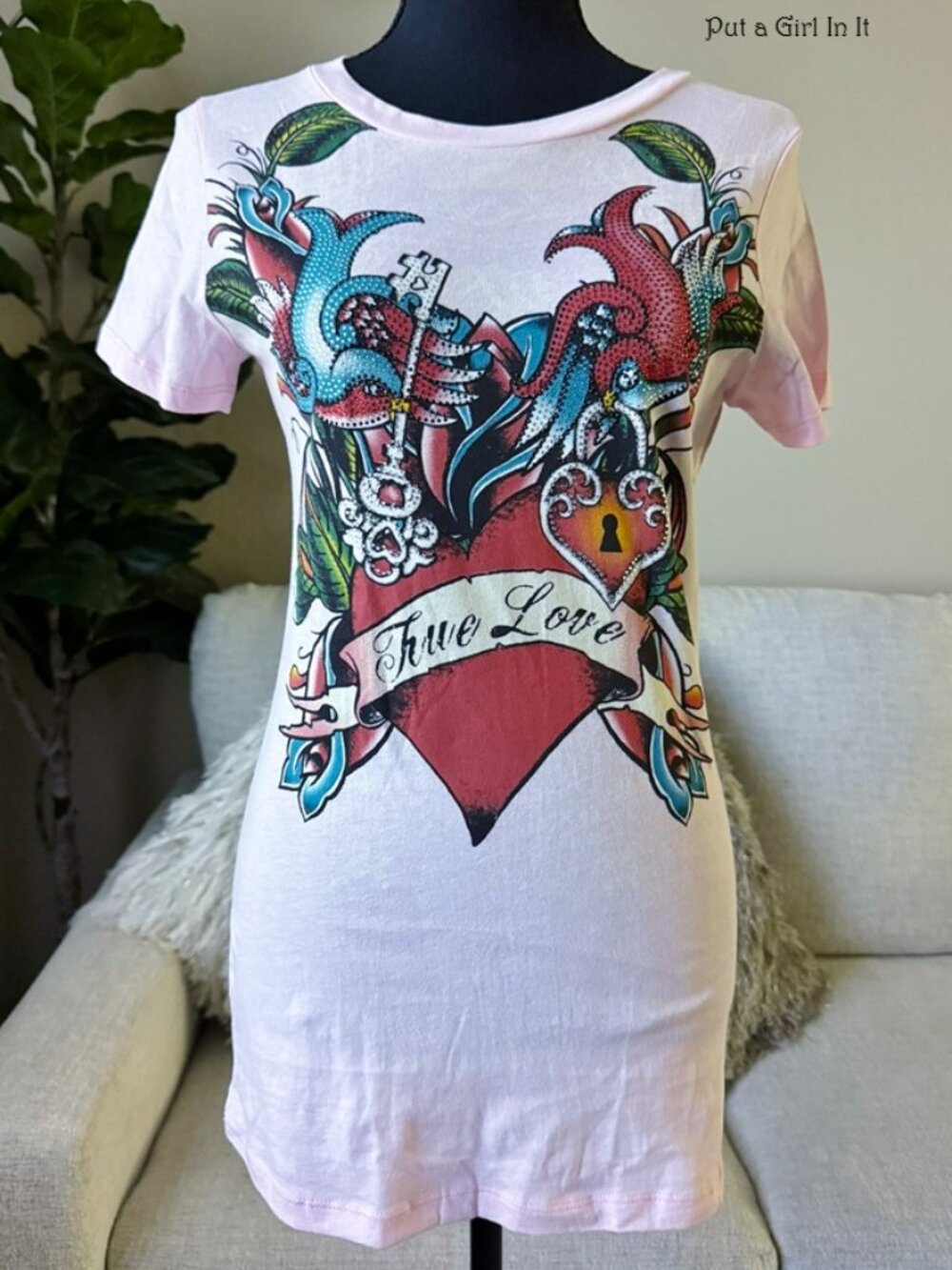 Vocal Apparel Women's Juniors Crystal Pink Heart Wings Love Birds Shirt L XL Y2K
